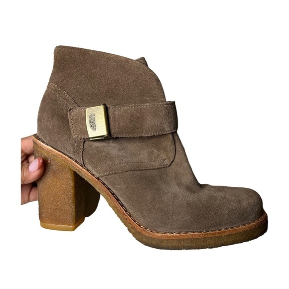 UGG Australia Tan Suede Shearling Brienne Buckle Tab Ankle Boots Size 7 - Picture 1 of 7